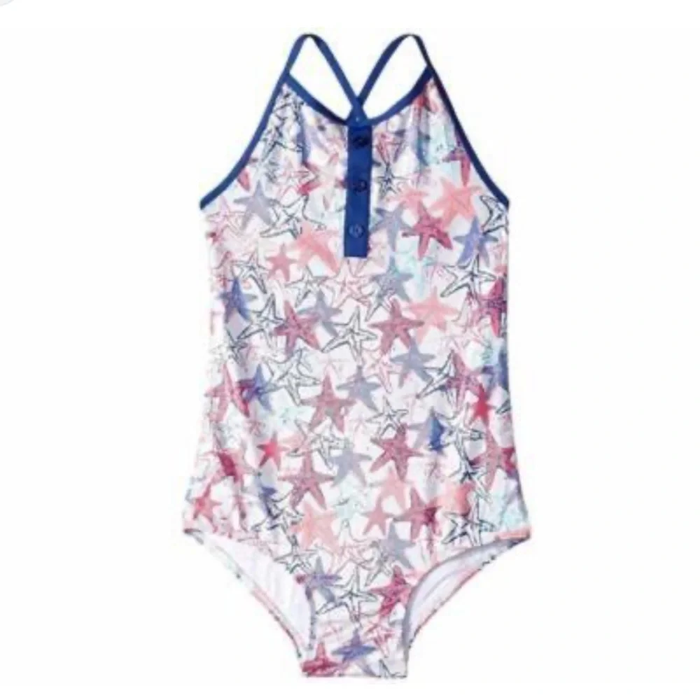 Hatley one piece blue and pink metallic sea stars swimsuit, crisscross back 3t